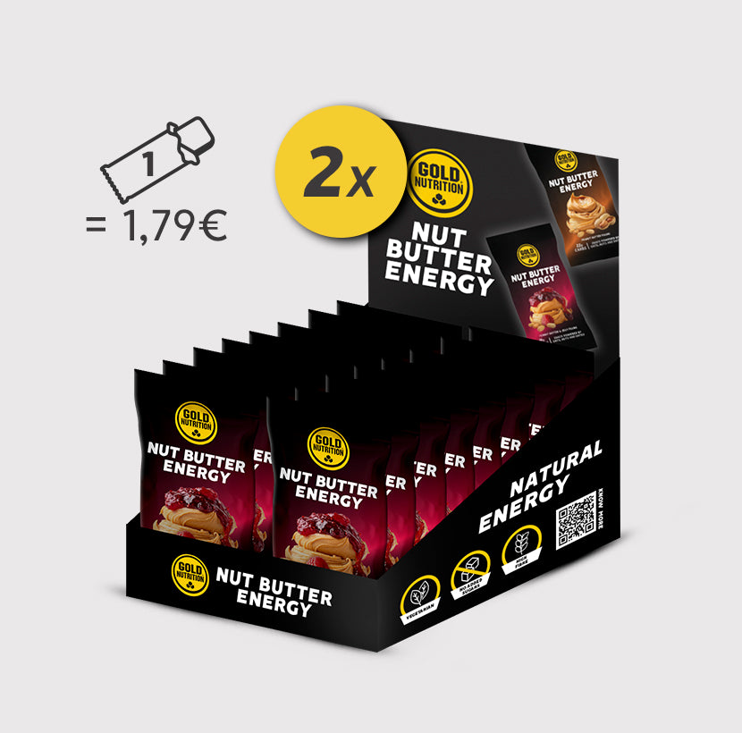 Duas caixas de manteiga de amendoim Nut Butter Energy da GoldNutrition, com potes de manteiga de amendoim natural e nutritiva.