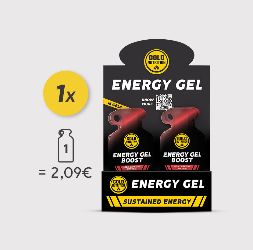 Géis de energia GoldNutrition Energy Gel Boost sabor melancia, embalagem com uma caixa de géis para aumento de energia.