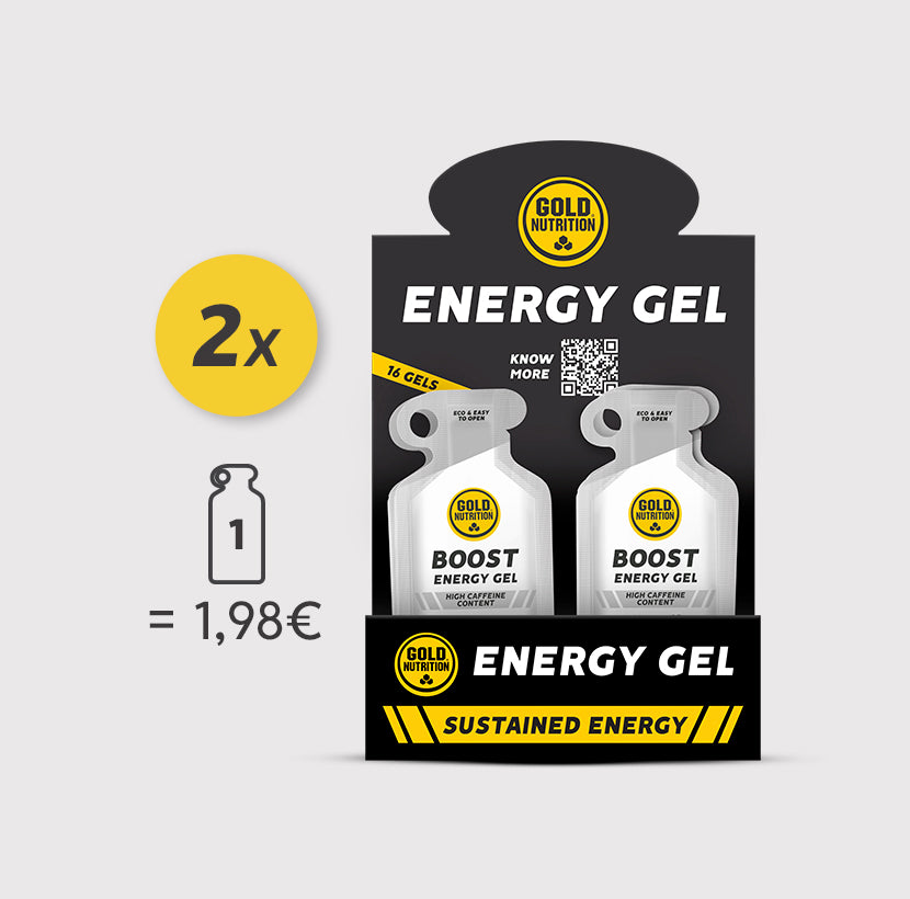 Caixa com dois potes de Gel de Energia Boost da GoldNutrition, ideal para recarregar energia durante atividades físicas.