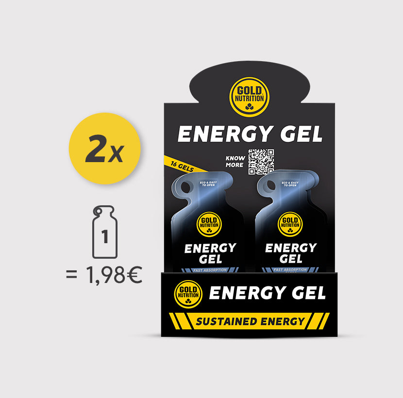 Caixa de 2 unidades de gel energético GoldNutrition sabor frutas vermelhas, 40g cada, para desempenho esportivo.