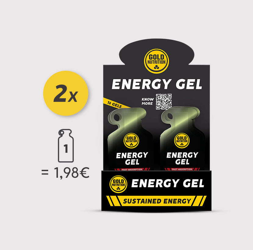 Caixa com dois pacotes de gel energético GoldNutrition sabor morango limão, cada um com 40g, ideal para atletas.