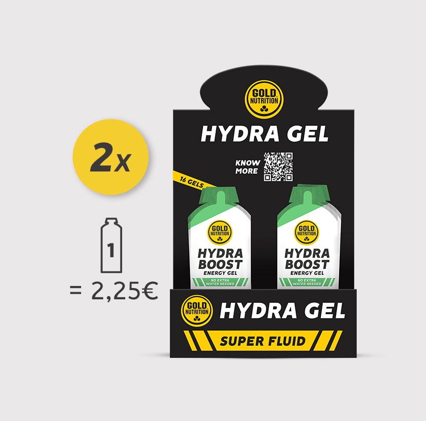 Caixa com dois frascos do Hydra Boost Gel da GoldNutrition, gel hidratante e revitalizante para a pele.