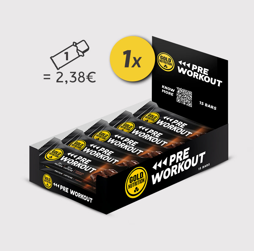 Caixa com barras de pré-treino GoldNutrition, energia e sabor para atletas, embalagens com várias unidades de barras pré-treino.