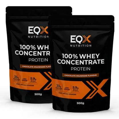 Pack EQX 100% Whey Concentrate Protein Chocolate Milkshake com 2 embalagens de 500 g, 1kg no total.