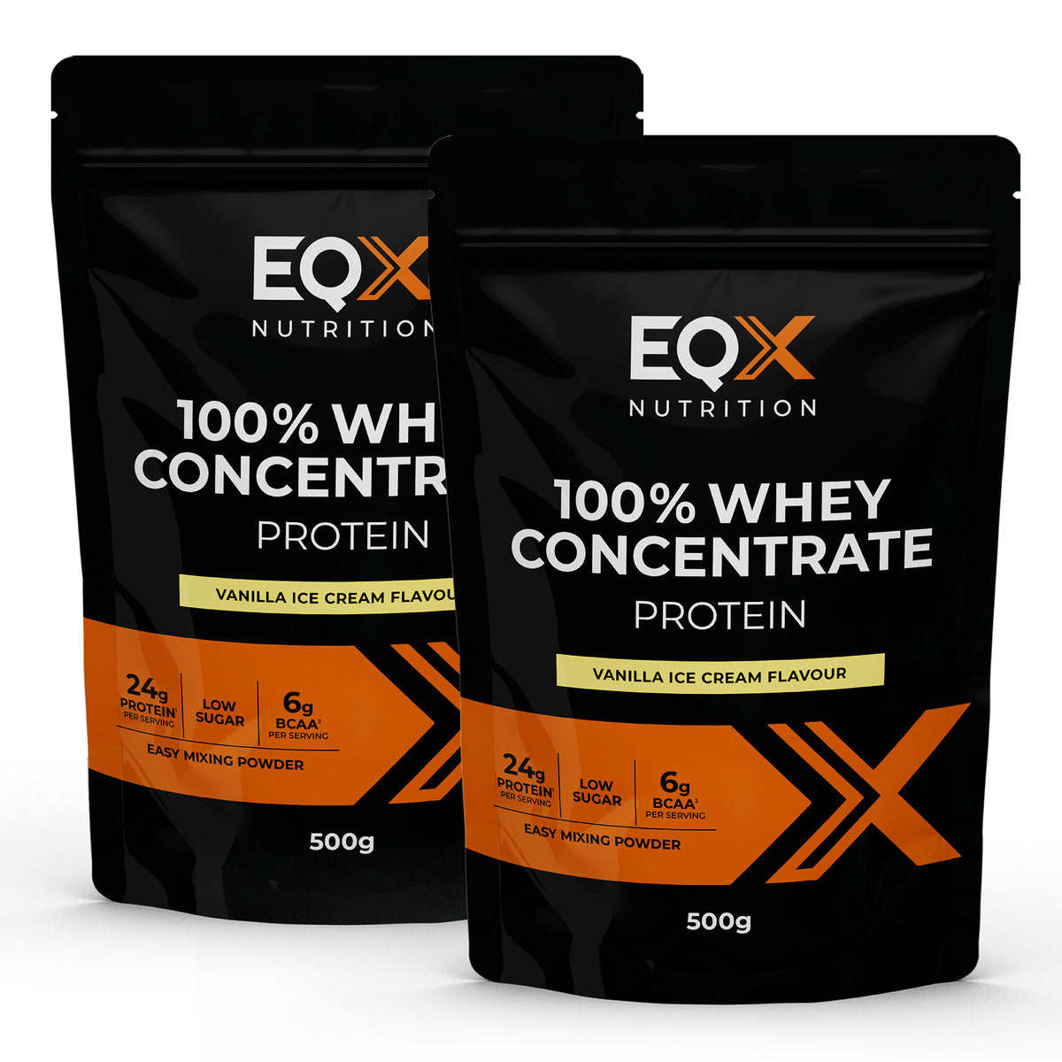 Pack EQX 100% Whey Concentrate Protein Vanilla Ice Cream com 2 embalagens de 500 g, 1,kg no total.