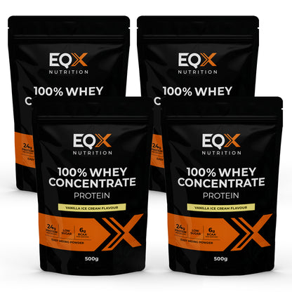 Pack EQX 100% Whey Concentrate Protein Vanilla Ice Cream com 4 embalagens de 500 g, 2kg no total.