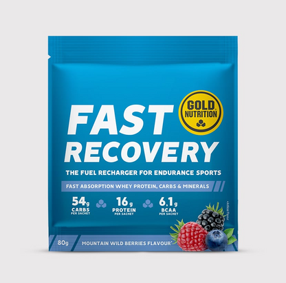 Suplemento Fast Recovery da GoldNutrition em embalagem branca com rótulo azul e verde, destaque para ingredientes e informações nutricionais