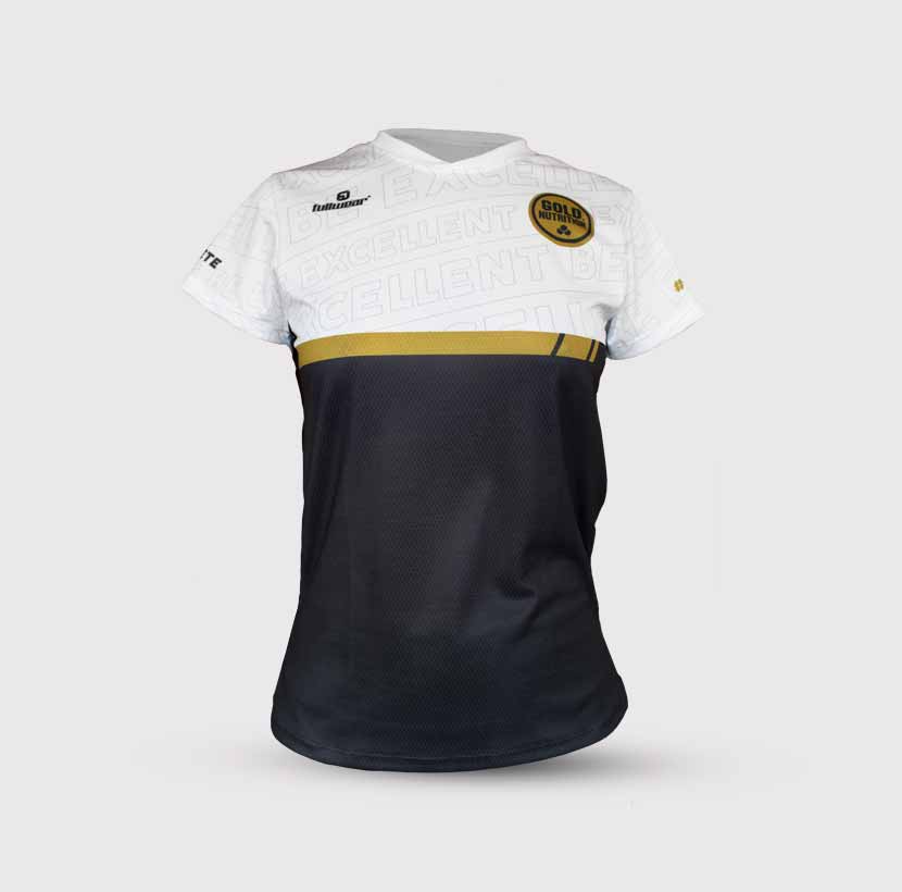 Camisola técnica de corrida GoldNutrition, tecido leve e respirável, ideal para atividades físicas ao ar livre.