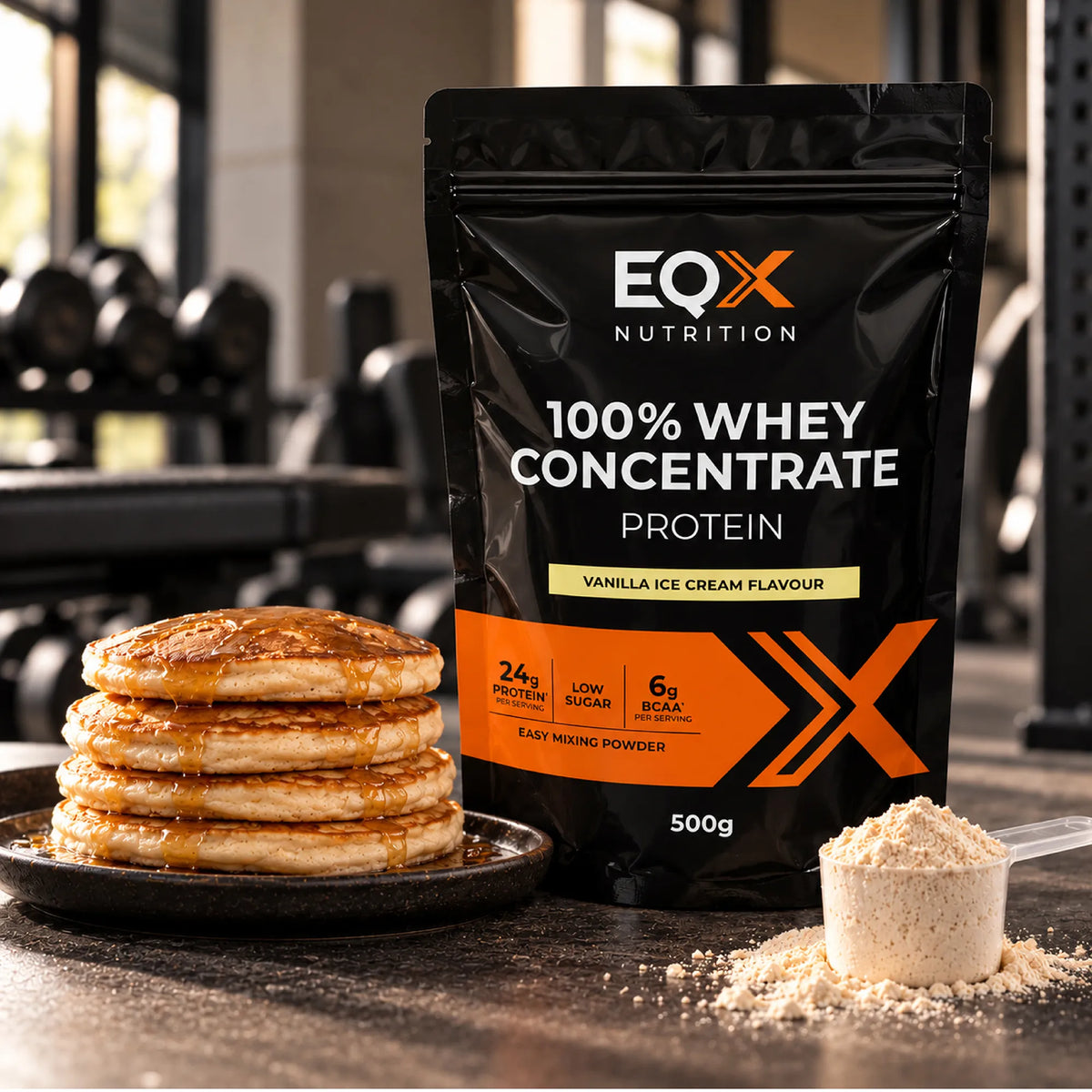 EQX 100% Whey Concentrate Vanilla Ice Cream 500 g beside a stack of pancakes and a scoop of protein powder.