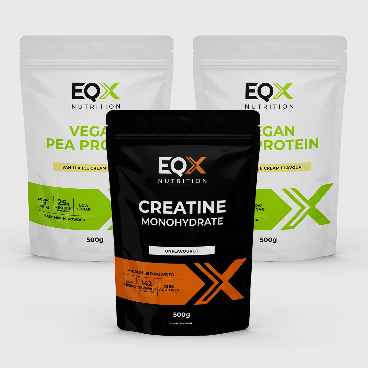 EQX Vegan Performance Pack com proteína de ervilha Vanilla Ice Cream 2 × 500 g e creatina sem sabor 500 g.