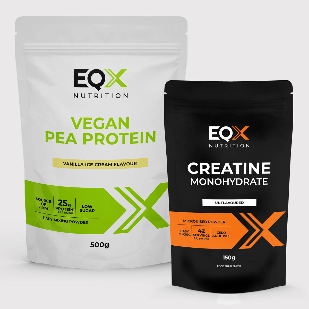 EQX Vegan Starter Pack com proteína de ervilha Vanilla Ice Cream 500 g e creatina sem sabor 150 g.
