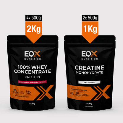 EQX Whey Max Pack com proteína whey Strawberry Milkshake 4 × 500 g e creatina sem sabor 2 × 500 g.