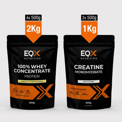EQX Whey Max Pack com proteína whey Vanilla Ice Cream 4 × 500 g e creatina sem sabor 2 × 500 g.