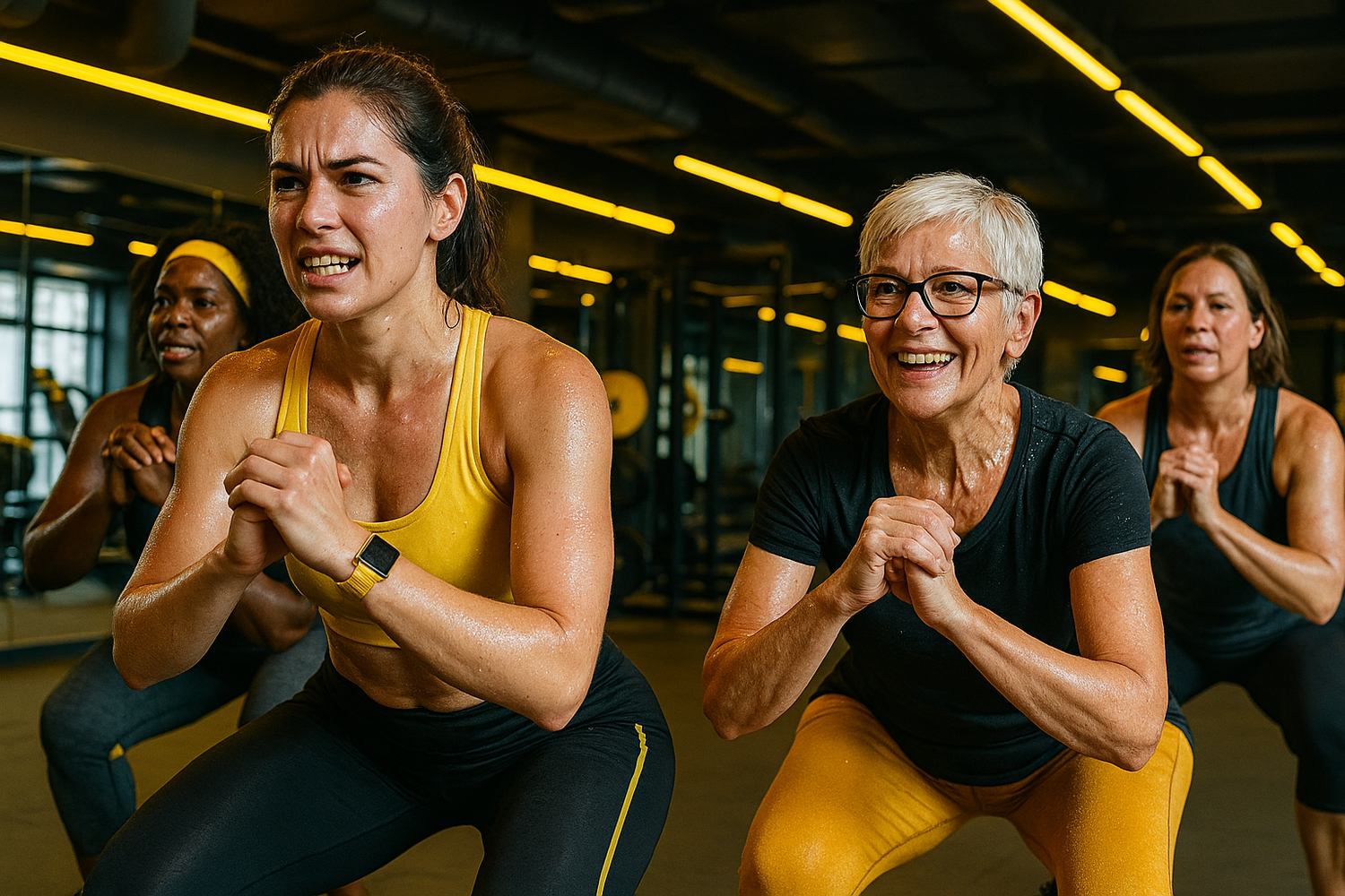 mix of young and older women in a class at the gym. they are sweating. Highlights in yellow