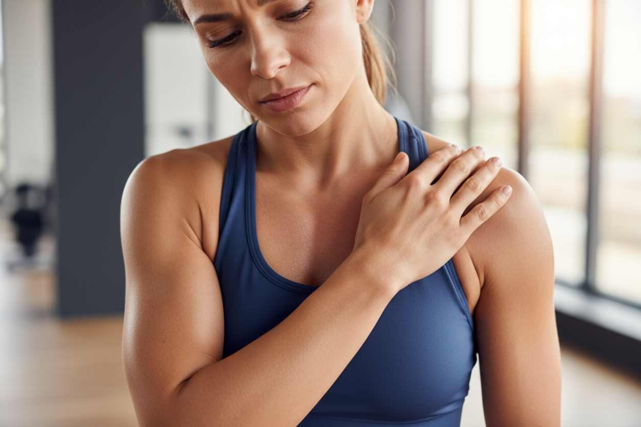 woman at the gym with her hand on the shoulder showing muscular inflammation