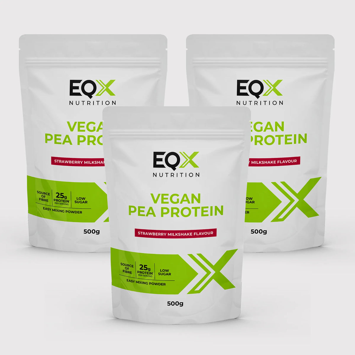 Embalagem EQX Vegan Pea Protein Strawberry Milkshake 3x500 g, vista frontal