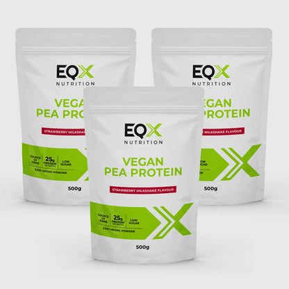 Embalagem EQX Vegan Pea Protein Strawberry Milkshake 3x500 g, vista frontal